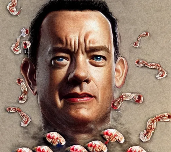 Image similar to Tom hanks as forrest gump wearing a necklace of shrimps around the neck, realistic face, digital art, in the style of Aleksi Briclot, amazing detail, artstation