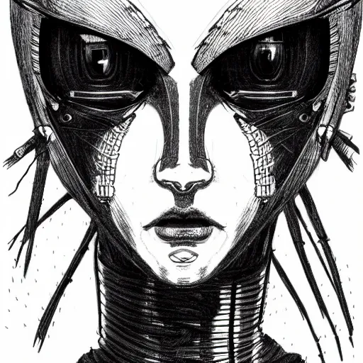 Image similar to punk robot girl, face portrait by makoto kobayashi and nihei tsutomu, pen sketch on paper, mechanical, cables