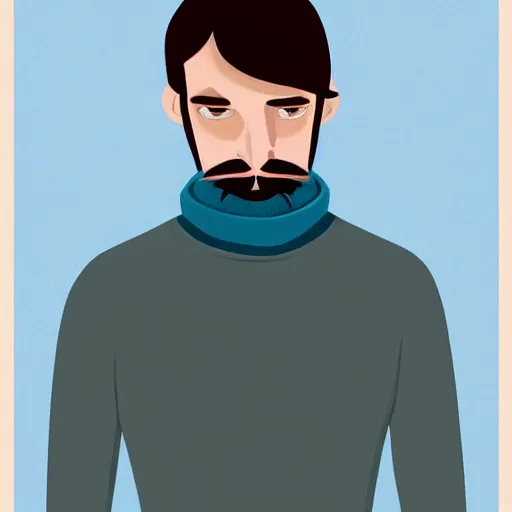 Image similar to gangly man with short light brown wavy hair, light brown stubble beard, no mustache, English heritage, blue eyes, middle aged, wearing a turtleneck and jacket, pale skin, narrow face, digital art, painterly, cartoon, cute, 8k, illustration, art by loish, painterly, trending on artstation, medium shot, uncropped