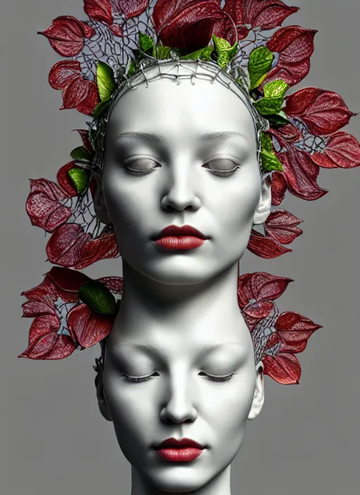 Image similar to complex 3d render ultra detailed of a beautiful porcelain profile woman face, mechanical vegetal cyborg, 150 mm, beautiful natural soft light, rim light, Alexander Mcqueen haute couture, silver gold details, surreal portrait, magnolia big leaves and stems, roots, fine foliage lace, mesh wire, intricate details, hyperrealistic, mandelbrot fractal, anatomical, red lips, silver metal armor, facial muscles, cable wires, microchip, elegant, white background, octane render, H.R. Giger style, 8k