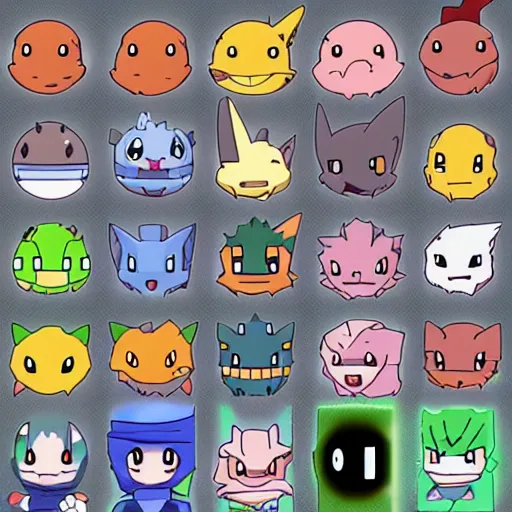 Prompt: zoomed in sprite sheet, collection of cute pokemons, anime, illustration, character concept art, character modeling, each sprite is a different character, full page grid sprite sheet, science fiction, rich colors