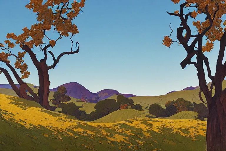 Prompt: masterpiece painting of california hills in the summer, by a. j. casson and john watkiss and edward okun and erin hanson and dan munford and maxfield parrish and j. c. leyendecker and andreas rocha and victo ngai, oak trees and dry grass, dramatic lighting