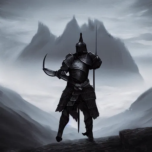 Image similar to Silhouette of a male warrior wearing knight armor holding a sword and shield, facing away towards a mountain in the distance, digital art, digital painting, matte painting, very beautiful, atmospheric dramatic lighting, highly detailed, fantasy artwork, dnd