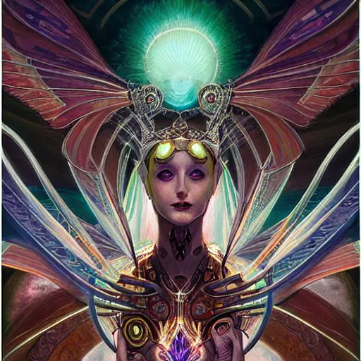 Image similar to beautiful closeup portrait of an art deco android fairy queen, glowing eyes. reflective detailed textures, moth wings, highly detailed dark fantasy science fiction painting by donato giancola and peter mohrbacher and nicholas roerich, elaborate geometric ornament, ancient runes, silver and cool colors. artstation