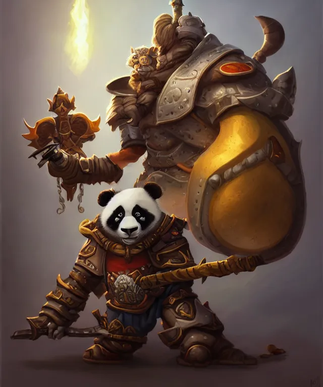 Image similar to a portrait an anthropomorphic panda paladin holding a doombringer, wearing paladin plate, landscape in background, dnd character art portrait, world of warcraft style, by peter mohrbacher, cinematic lighting