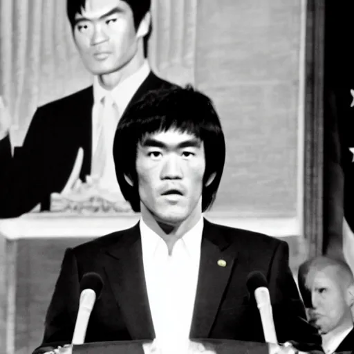 Prompt: bruce lee is president of the united states, wearing a suit, giving a speech, podium, bruce lee, state of the union, congress watching