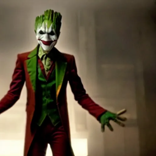 Prompt: film still of Groot as the Joker in the new Joker film