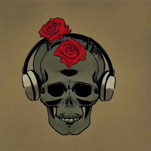 Image similar to skull with headphones and 3 roses, illustration, artwork by Mike Mignola