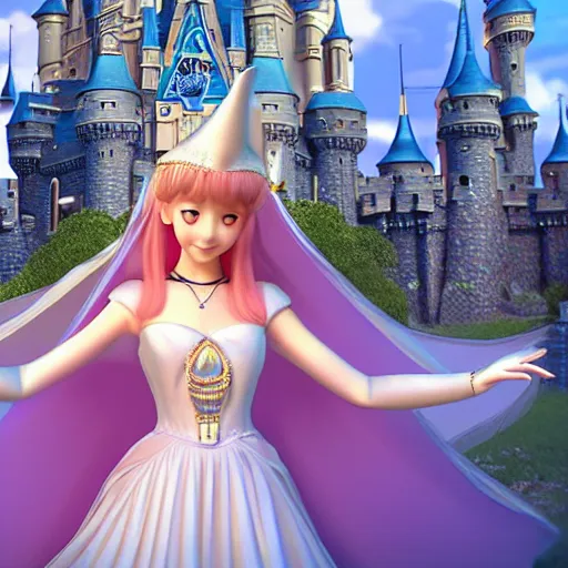 Image similar to a very detailed, ultra-realistic, pleasant, beautiful, funny, smooth 3D CG render, semirealistic anime style, close-up of a gorgeous, cute, gentle, noble priestess magician princess girl wearing dress and jewelry, in a glorious magic kingdom with castle and walls, relaxing calm vibes, fairytale, octane render