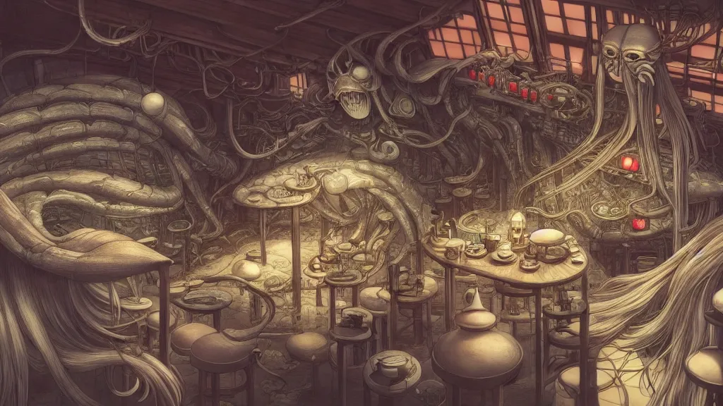 Prompt: A Studio Ghibli Japanese cafe, hyperdetailed, artstation, cgsociety, style of Giger, H. R. GIGER, style of Junji Ito, 4K, highly detailed, minimalistic, minimalistic, minimalistic, fine tuned, machina