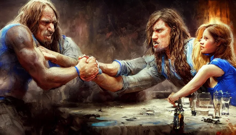 Image similar to arm wrestling between ( vladimir putin ) and ( ( ( a young pretty girl with long hair and blue eyes ) ) ), hyperrealistic, digital concept art, caricature illustration, violent. horror. art by gaston bussiere and greg rutkowski in yelow and blue color