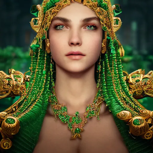 Image similar to photograph of wonderful princess with smooth fair skin, green jewelry, breathtaking, elegant, ornate, intricate, hyper detailed, accent lighting, dramatic light, 4 k octane render