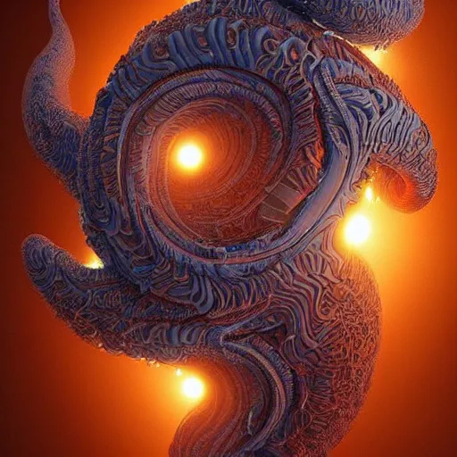 Prompt: cybernetic symbiosis intricately detailed hand carved 3D mandelbulb cybernetic cyber squid made of brilliantly colored volumetric smoke, Henriette Grindat, Artstation, Pinterest, Wallpaper 4K