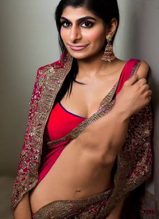 Image similar to portrait of mia khalifa wearing saree, by charlotte grimm, natural light, detailed face, canon eos c 3 0 0, ƒ 1. 8, 3 5 mm, 8 k, medium - format print, full body shot