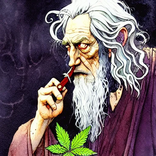 Image similar to a realistic and atmospheric watercolour fantasy character concept art portrait of gandalf with bloodshot eyes looking confused and smoking weed out of his pipe with a pot leaf nearby, by rebecca guay, michael kaluta, charles vess and jean moebius giraud