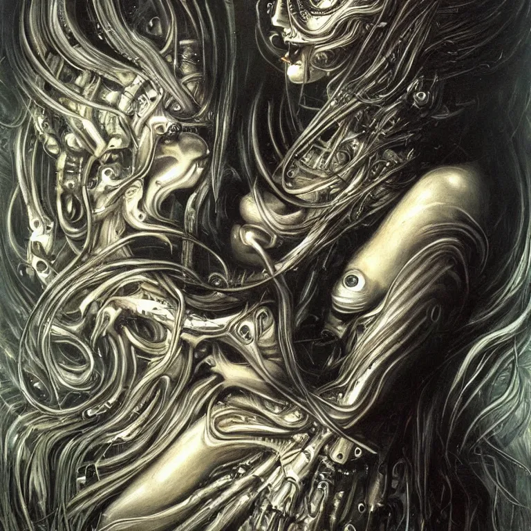 Prompt: biomechanical moon goddess, flowing hair, intense stare, sweet smile, symmetrical portrait, realistic oil painting by h. r giger,