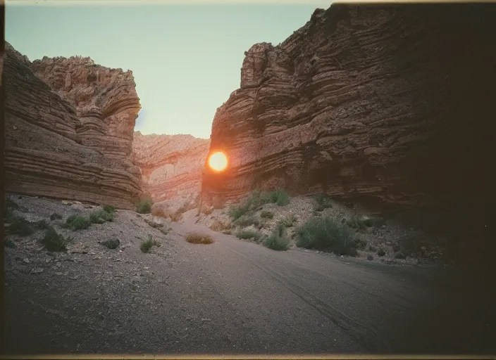 Prompt: the sun goes down, another dreamless night you're right by my side you wake me up, you say it's time to ride in the dead of night strange canyon road, strange look in your eyes you shut them as we fly, as we fly stark, hollow town, carson city lights, cinestill 8 0 0