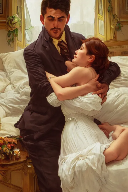 Image similar to portrait of a man in dhl uniform hugging his wife in a bed, feelings, romantic, fantasy, intricate, elegant, highly detailed, digital painting, artstation, concept art, smooth, sharp focus, illustration, art by artgerm and greg rutkowski and alphonse mucha