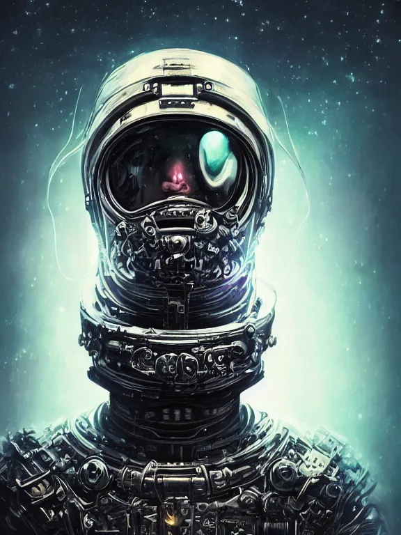 Image similar to portrait art of 8k ultra realistic retro futuristic undead astronaut, helmet visor open, glow around helmet, deep space , detailed intricate ornate armour,blade runner, cybernetic, full of colour, cinematic lighting, trending on artstation, 4k, hyperrealistic, focused, extreme details,unreal engine 5, cinematic, masterpiece, art by ayami kojima, giger