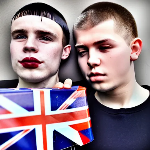 Image similar to mid-shot portrait photograph of two male British chav youths holding box cutter knives, with white powder on their faces, wearing the Union Jack, high quality