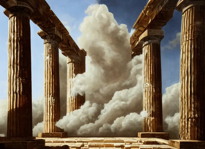 Prompt: painting of the inside of an ancient greek temple, large statue of apollo, heavy smoke, stairway leading down, dawn, visible god rays, trending on artstation, extremely detailed