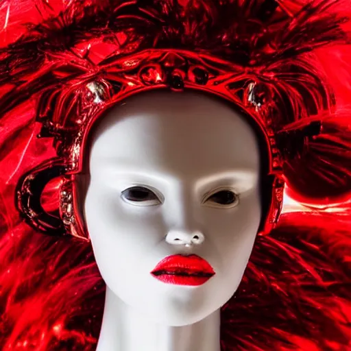 Image similar to close up of a female fashion model in year 3000 in a cave, model wearing a surreal Avant-garde helmet in red, dramatic lighting,photography , official Versace editorial , highly detailed