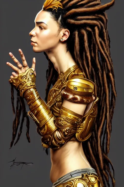 Prompt: full body Portrait of very beautiful african dreadlock hair style woman, leather baroque ornate suite by thierry muggler, holding her helmet, real life skin, intricate, elegant, highly detailed, artstation, concept art, smooth, sharp focus, art by artgerm and greg rutkowski and alphonse mucha