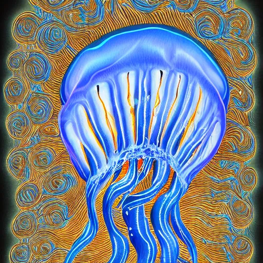 Prompt: a painting of a jellyfish in blue water, a digital painting by Earnst Haeckel, featured on deviantart, digital art, bioluminescence, luminescence, black background