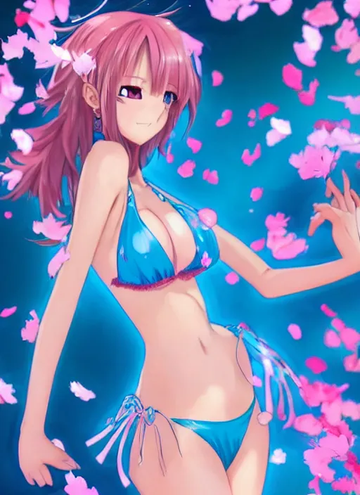 Image similar to gorgeous anime in bikini covered in translucent blue and pink leaf and petals in the style of stefan kostic, cute - fine - face, dasha taran, backlit, refracted lighting, elegant, half body shot, 8 k, insanely detailed, intricate, art by stanley lau, artgerm, wlop, kuvshinov ilya,
