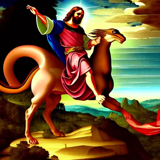 Image similar to Jesus riding a dragon, renaissance painting, fantasy art, digital art