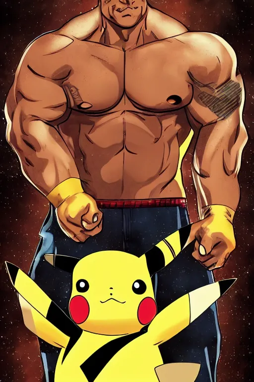 Image similar to Breathtaking comic book style of Pikachu and Dwayne Johnson fusion, high quality, 8k, very detailed