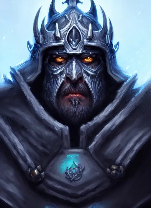 Image similar to portrait painting of lich king, acrylic, daz. detailed, portrait, oil painting, artstation, unreal 5, hd, artgerm, dnd, rpg