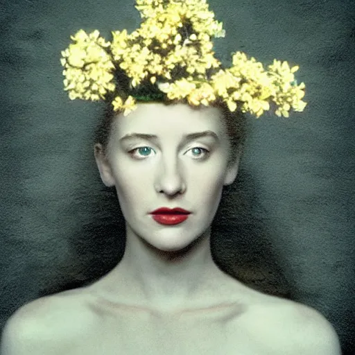 Image similar to movie still of the girl with the flowers head, cinematic composition, cinematic light, by david lynch, surrealist art