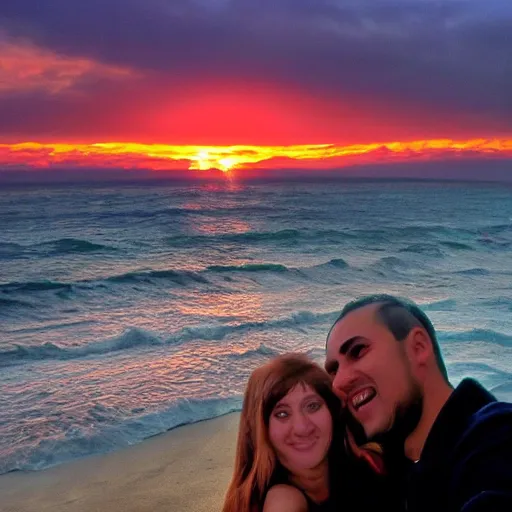 Image similar to Cthulhu photobombing a romantic selfie on a beach sunset