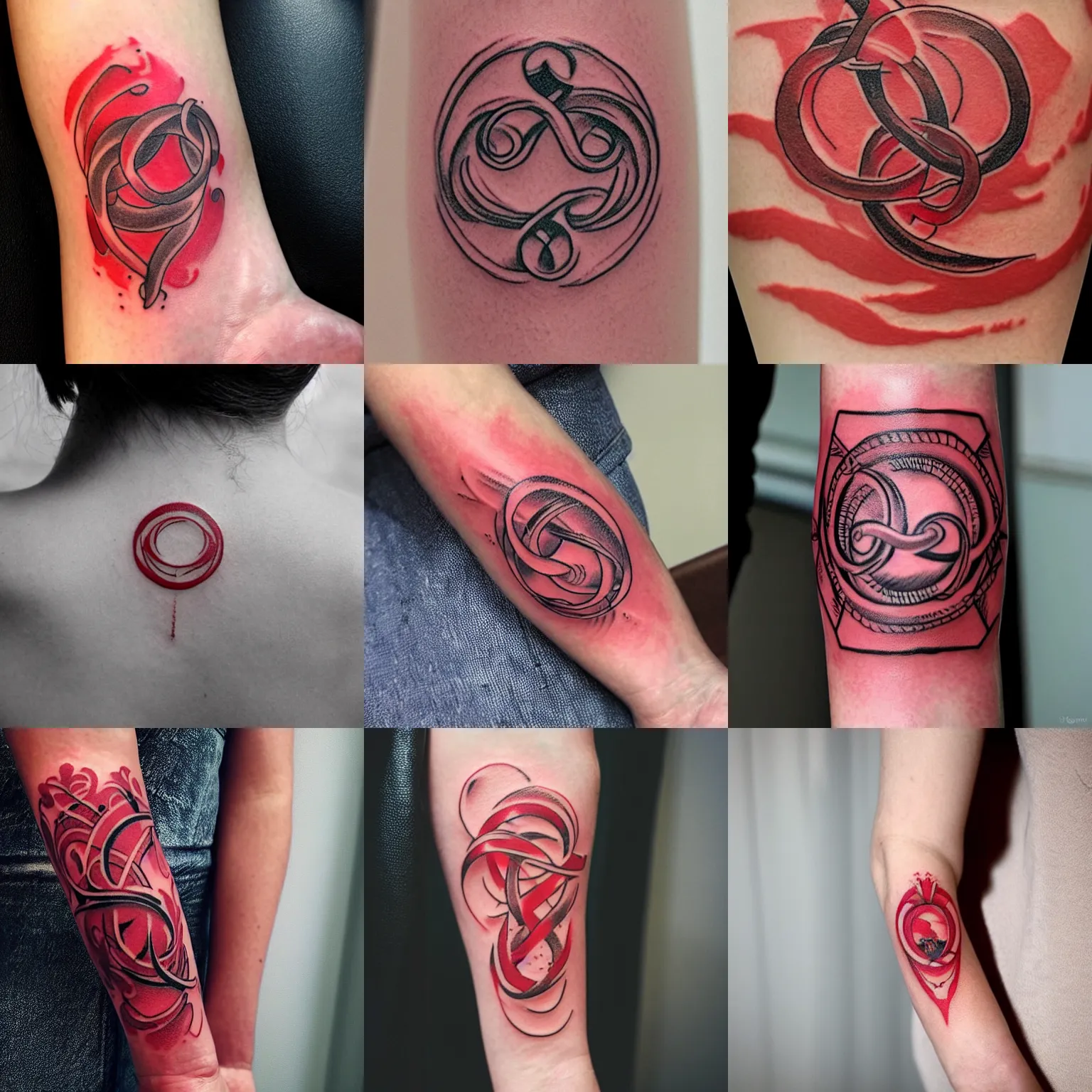 Prompt: red ink tattoo of a beautiful feminine ouroboros