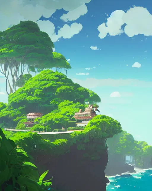 Image similar to a forgotten island with lush vegetation, beautiful clouds, azure water, cory loftis, james gilleard, atey ghailan, makoto shinkai, goro fujita, studio ghibli, rim light, exquisite lighting, clear focus, very coherent, plain background, soft painting