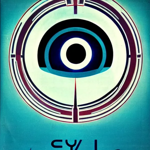 Image similar to logo of eye looking down on city, symmetrical, washed out color, centered, art deco, 1 9 5 0's futuristic, glowing highlights, intense