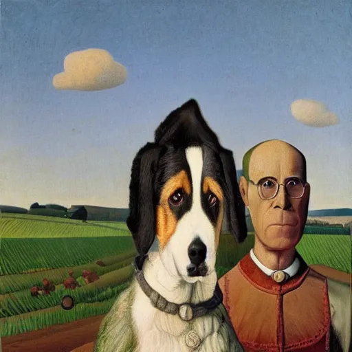 Prompt: two dogs portrait in front of a farmland, grant wood, american gothic from grant wood style