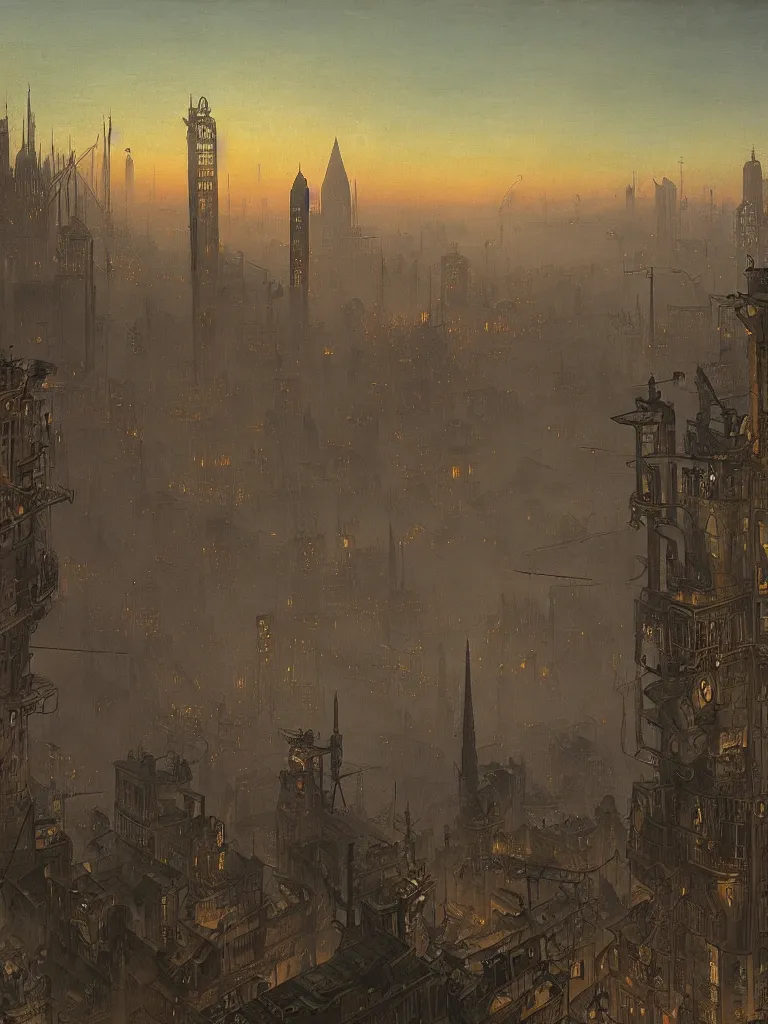 Image similar to a large dieselpunk and steampunk cityscape at dusk in russion during the 1 9 1 0 revolution, caspar friedrich