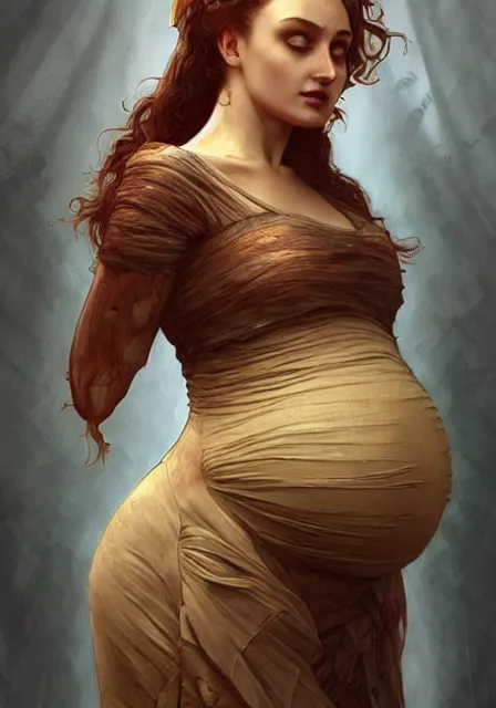 Image similar to sansa pregnant mummy zombie, intricate, elegant, highly detailed, digital painting, artstation, concept art, smooth, sharp focus, illustration, art by artgerm and greg rutkowski and alphonse mucha and william - adolphe bouguereau