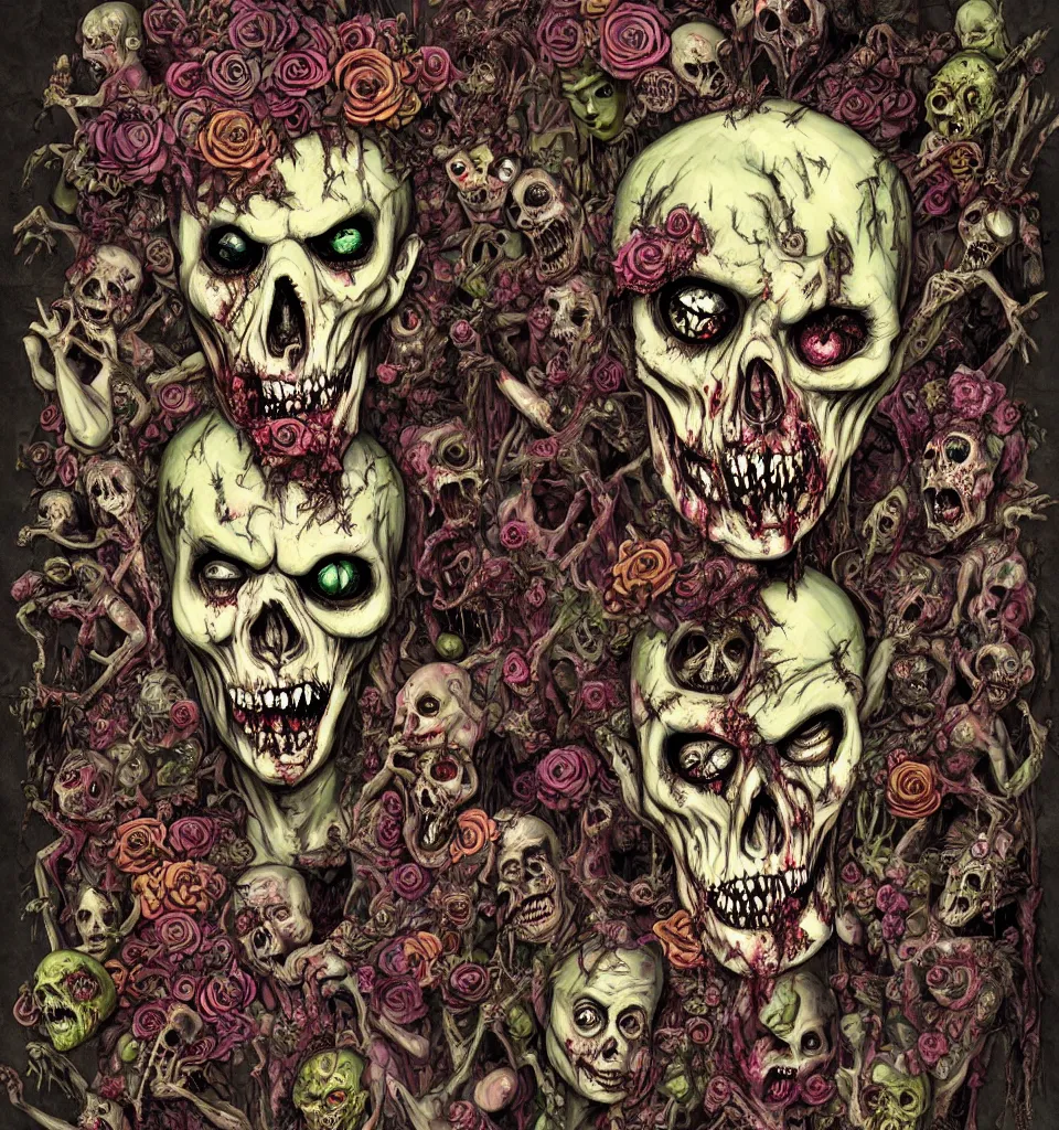 Image similar to zombie, punk rock, young male, grotesque, grotto, multicolored faces, fruit and flowers, gemstones for eyes, botanical, vanitas, sculptural, cartoon style, baroque, rococo, intricate detail, spiral, ornamental, kaleidoscopic, soft, atmospheric, frank frazetta