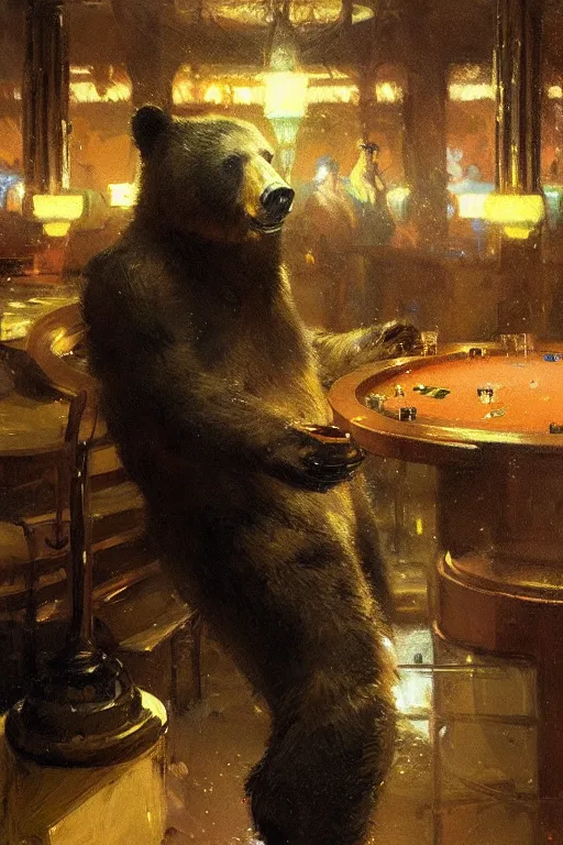 Prompt: portrait of bear gambling in the night club by anders zorn, wonderful masterpiece by greg rutkowski, beautiful cyberpunk lofi cinematic light, by greg manchess, jessica rossier