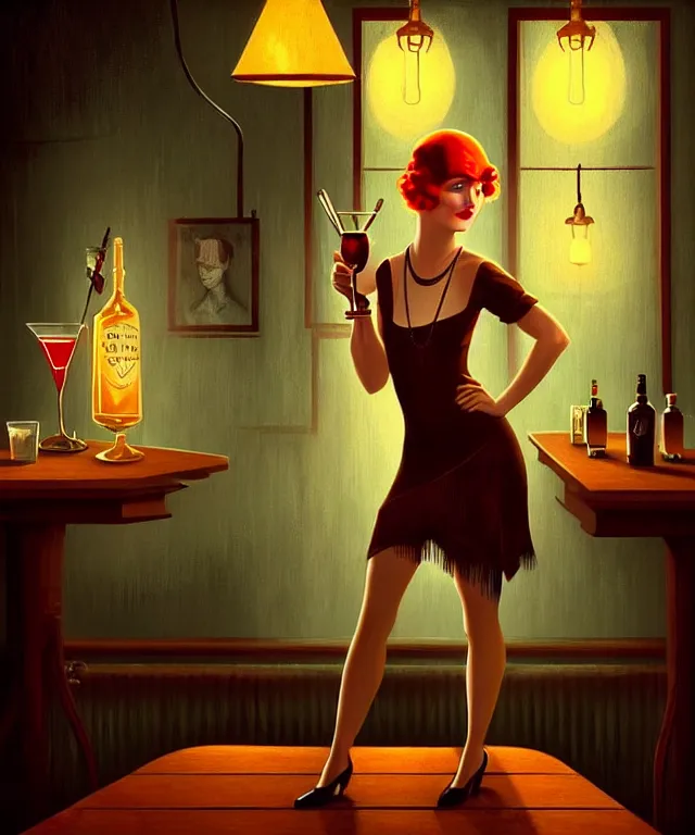 Prompt: a young sophisticated barmaid, cozy dimly-lit 1920s speakeasy dive bar, drinking at the bar, dystopian retro 1920s soviet vibe, relaxed pose, pixie cut, wild, highly detailed, digital painting, artstation, sharp focus, illustration, detailed digital art style by Filip Hodas, vibrant deep colors, 🍸, 8k octane beautifully detailed render, post-processing, extremely hyperdetailed, epic composition, grim yet sparkling atmosphere, cinematic lighting + masterpiece, Art Nouveau