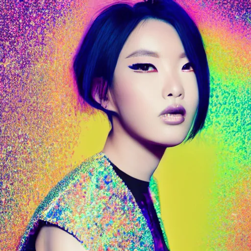 Image similar to japanese model with maximalist hair style and makeup, bright colors, fashion model, portrait shot, glitter, depth of field, 8 k, hyper detailed, intricate, trending on artstation