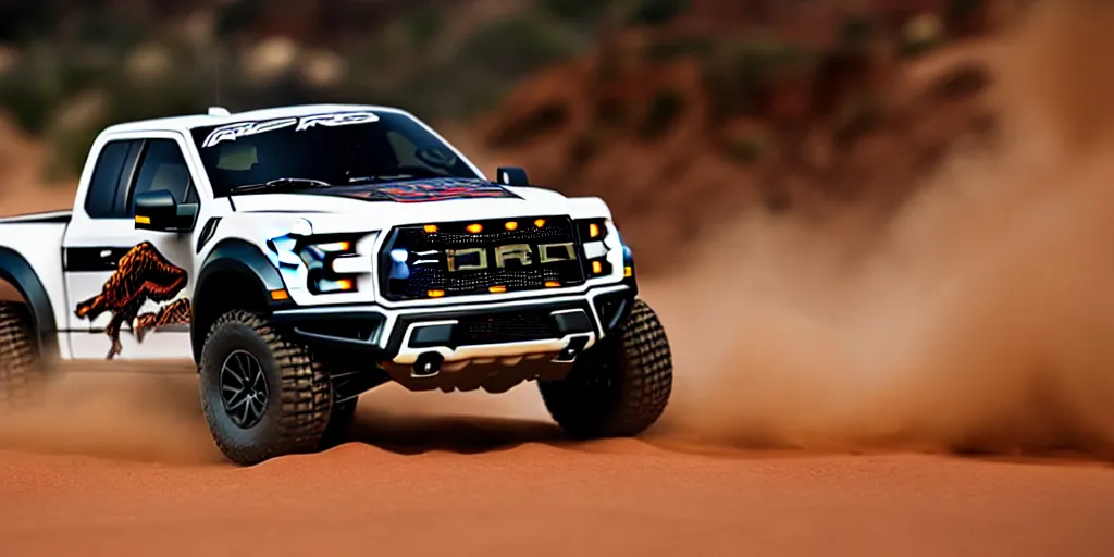 Image similar to Hot Wheels, Ford F-150 Raptor, cinematic, Maxxis, 8k, depth of field, bokeh. DAKAR