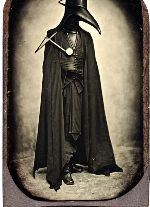 Image similar to 1910s photograph of a futuristic plague doctor in Steampunk leather high fashion Gothic bespoke couture storybook wide shot taken on A poloroid photograph from a large format camera Daguerreotype from the year 3020 in Kodachrome