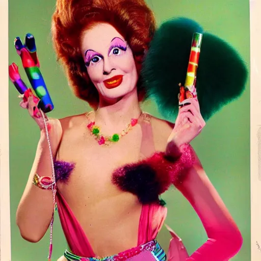 Image similar to 1976 film still glamorous woman photo and anthropological stomach, live action children's tv show, 16mm film live technicolor 1976, wacky colorful, in style of john waters doris wishman