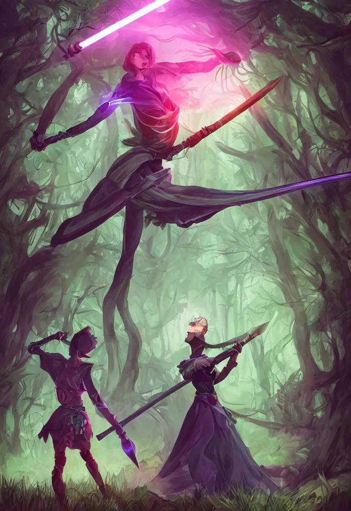 Image similar to , woman with illuminated sword and android with neon gloves fighting a shadow demon in the forest, grand scale , digital effects fantasy ,digital art, illustration, stylized, cel shaded