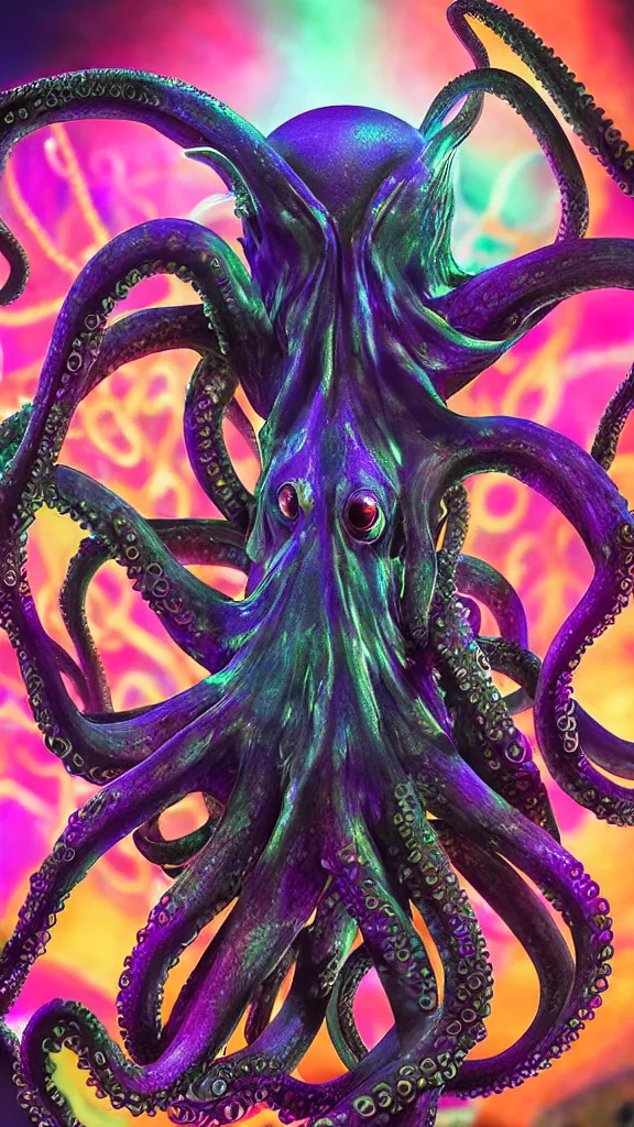 Image similar to award winning closeup portrait of an octopus! as a dj with tentacles! simultaneously placed turntables cdjs and knobs of a pioneer dj mixer. in front of a large crowd, studio, medium format, concept art, 8 k detail, volumetric lighting, wide angle, at an outdoor psytrance festival main stage at night