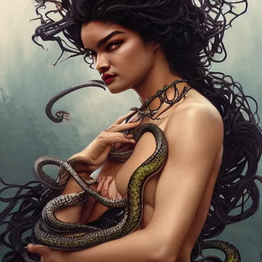 Image similar to Shanina Shaik as Medusa, frowning, scowl, snakes for hair, intricate, elegant, highly detailed, digital painting, artstation, concept art, smooth, sharp focus, illustration, art by artgerm and greg rutkowski and alphonse mucha